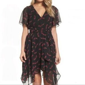 Sam Edelman Handkerchief Dress Boho Feather Print Size 4 Black